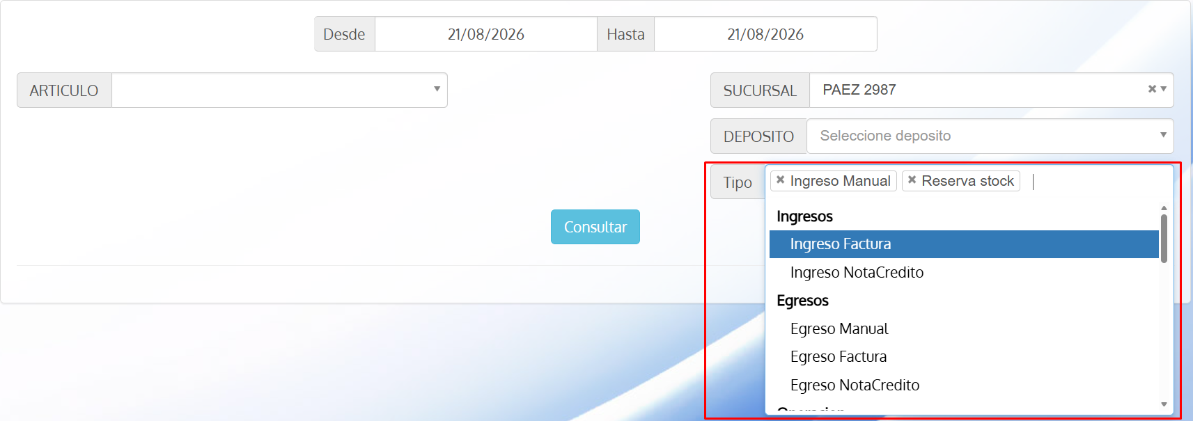 Filtrá el historial de stock por varios tipos de movimiento a la vez